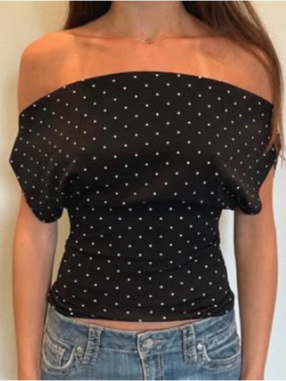 With Jean Black Off-Shoulder Polka Dot Blouse
